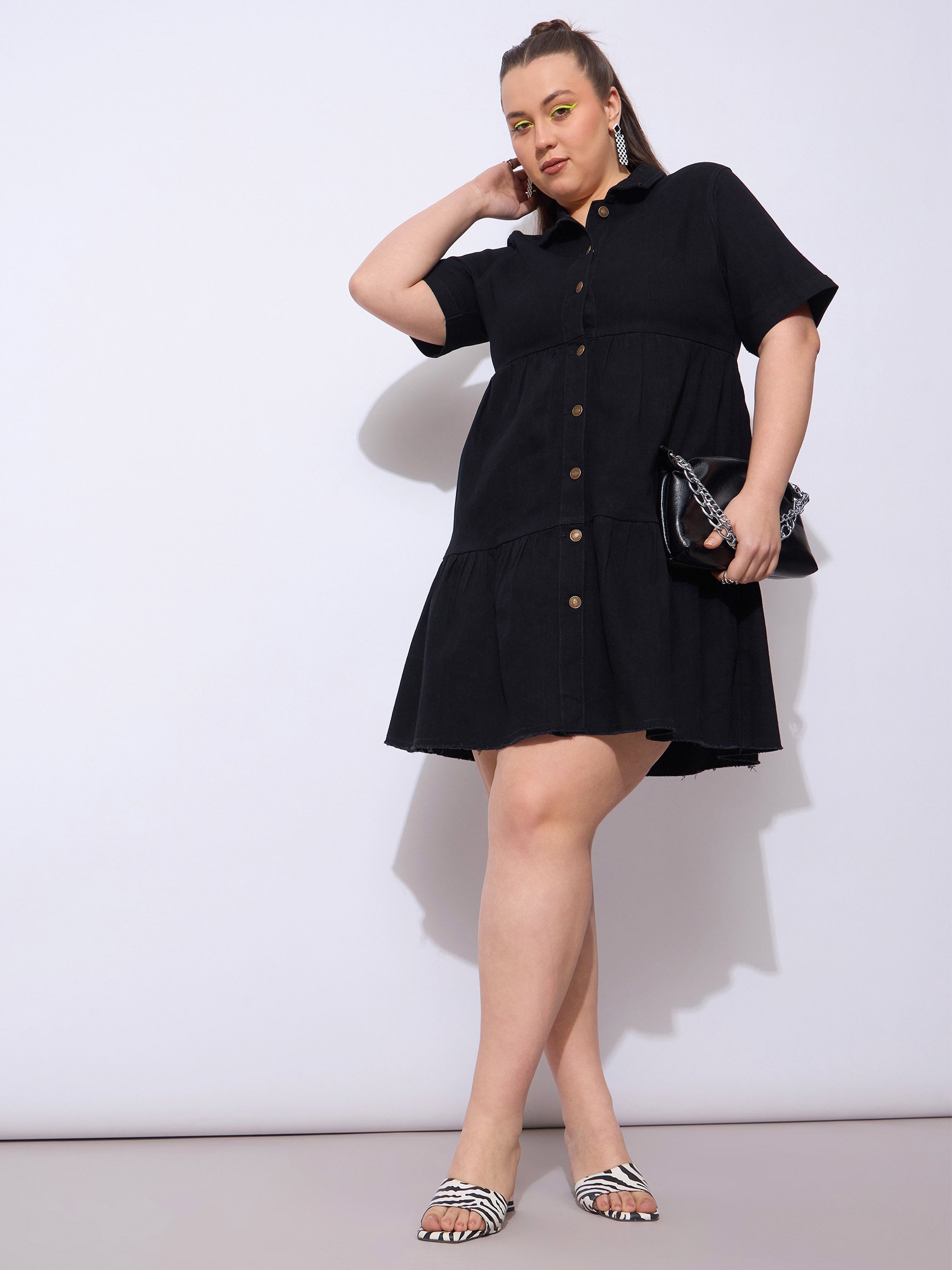 Women Black Wash Denim Short Tiered Dress-SFDRSS12906