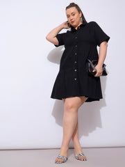 Women Black Wash Denim Short Tiered Dress-SFDRSS12906