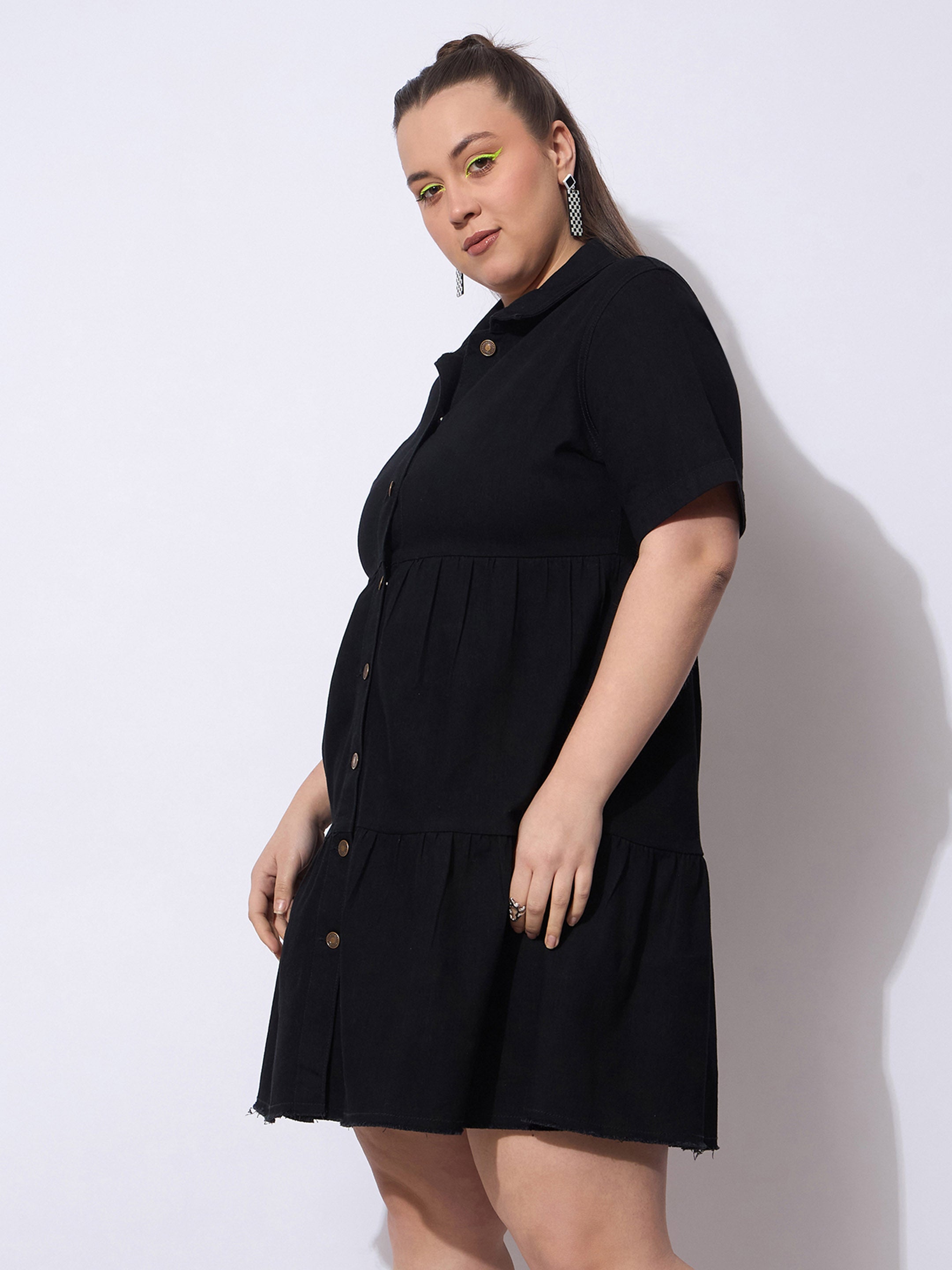 Women Black Wash Denim Short Tiered Dress-SFDRSS12906