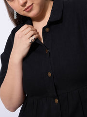 Women Black Wash Denim Short Tiered Dress-SFDRSS12906