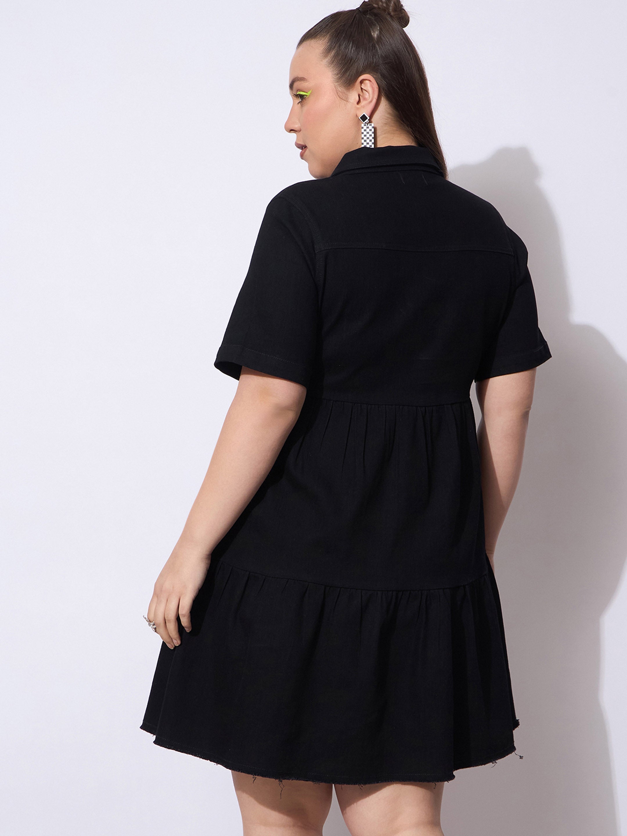 Women Black Wash Denim Short Tiered Dress-SFDRSS12906