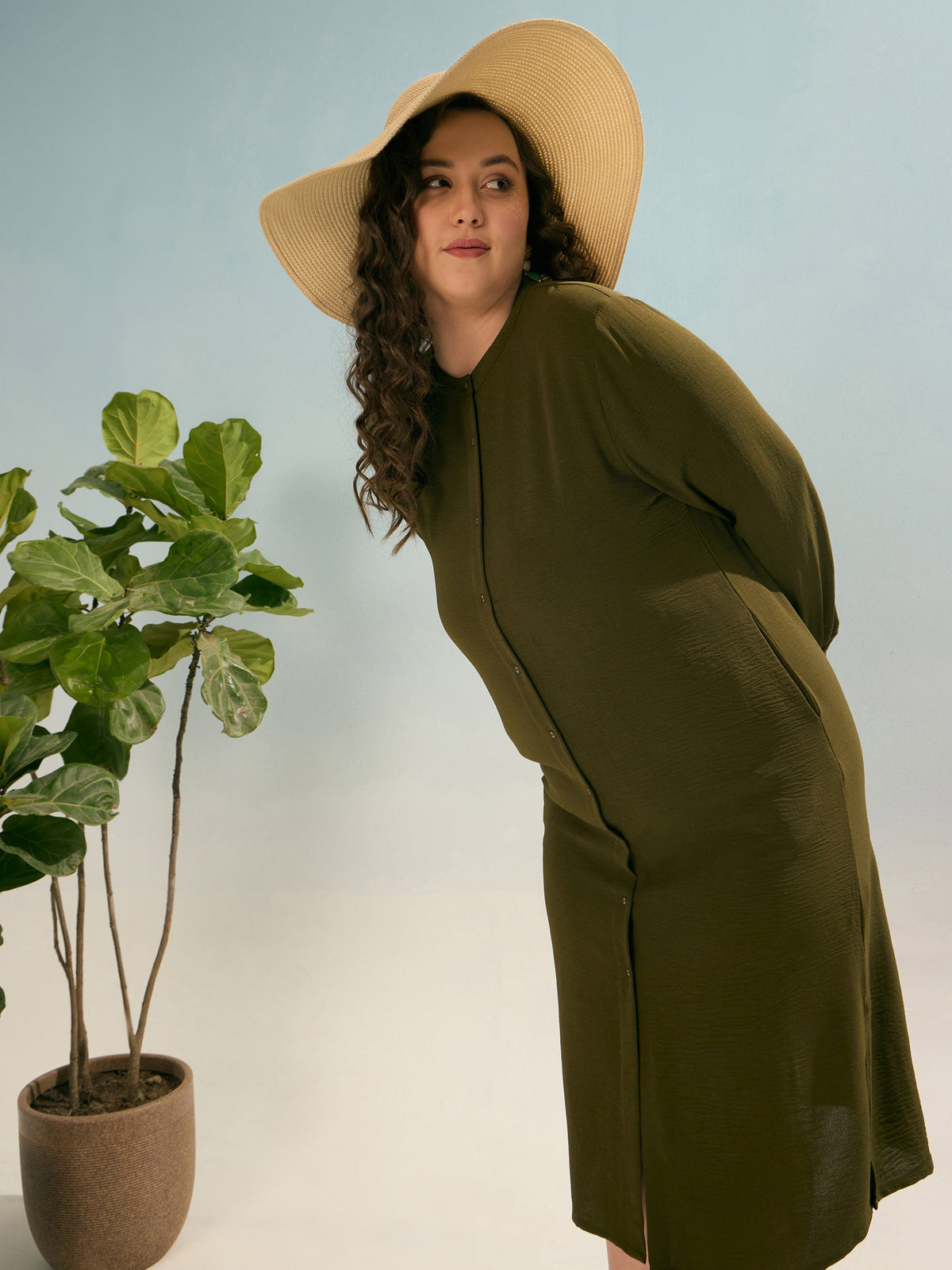 Women Olive Front Button Midi Dress-SFDRSS12908
