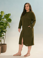 Women Olive Front Button Midi Dress-SFDRSS12908