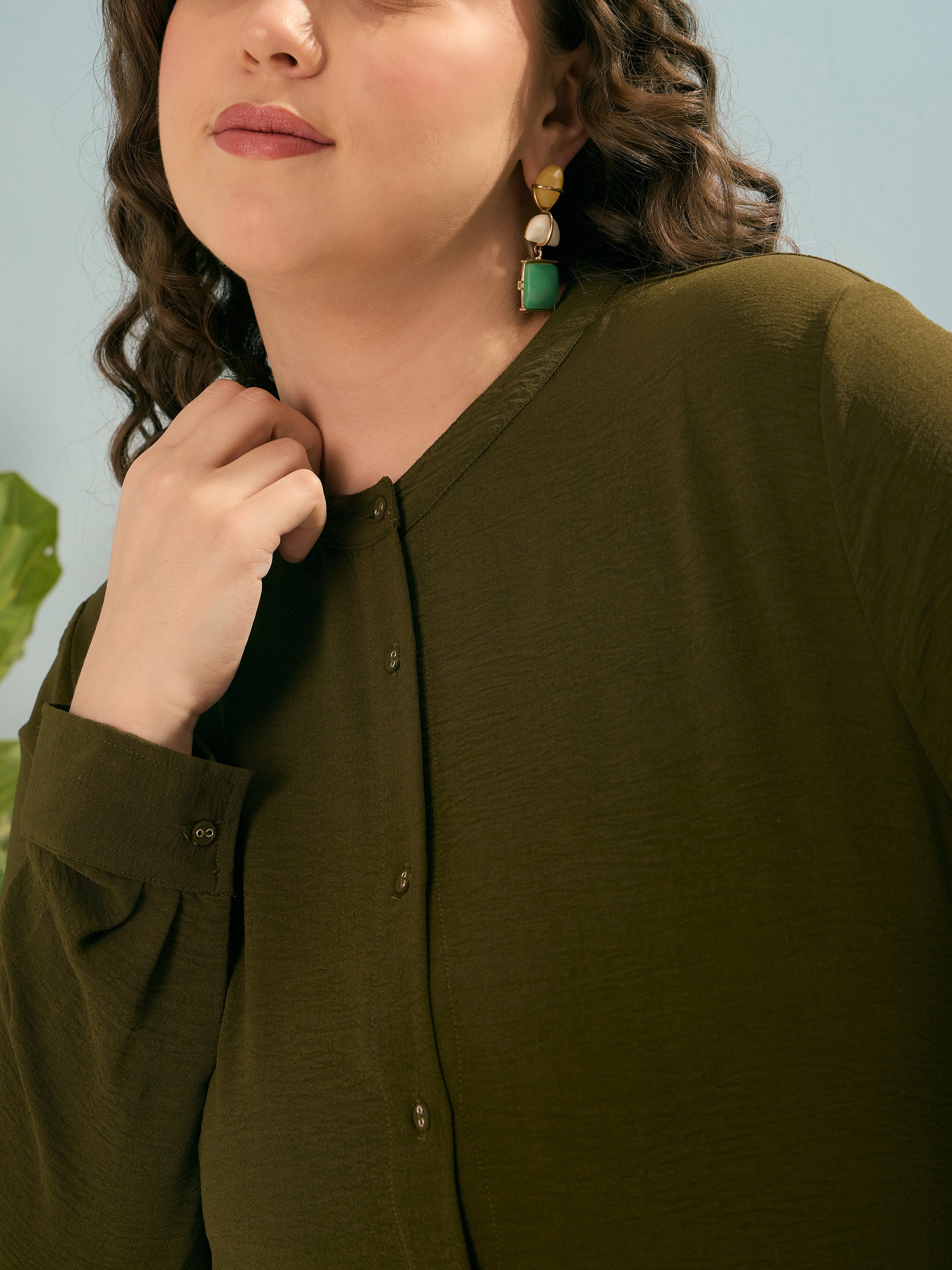 Women Olive Front Button Midi Dress-SFDRSS12908