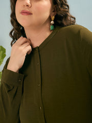 Women Olive Front Button Midi Dress-SFDRSS12908