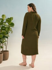 Women Olive Front Button Midi Dress-SFDRSS12908