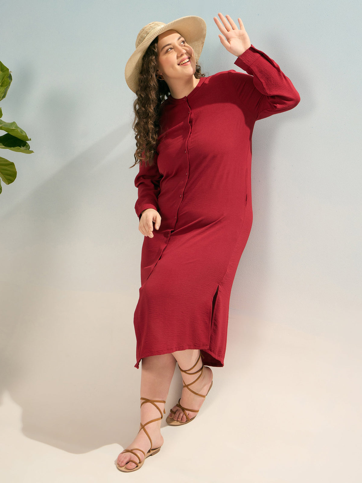 Women Maroon Front Button Midi Dress-SFDRSS12909