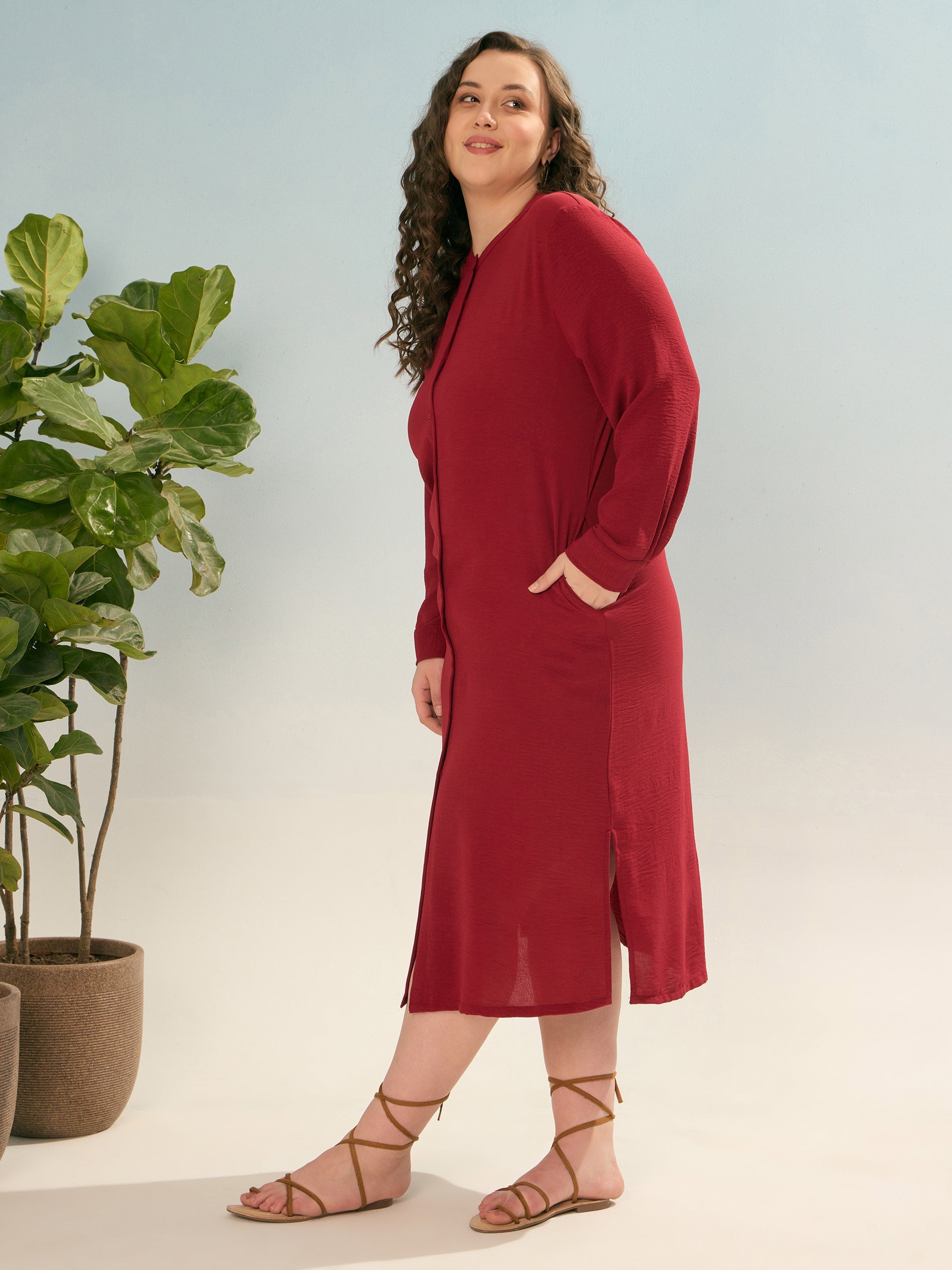 Women Maroon Front Button Midi Dress-SFDRSS12909