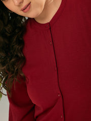 Women Maroon Front Button Midi Dress-SFDRSS12909