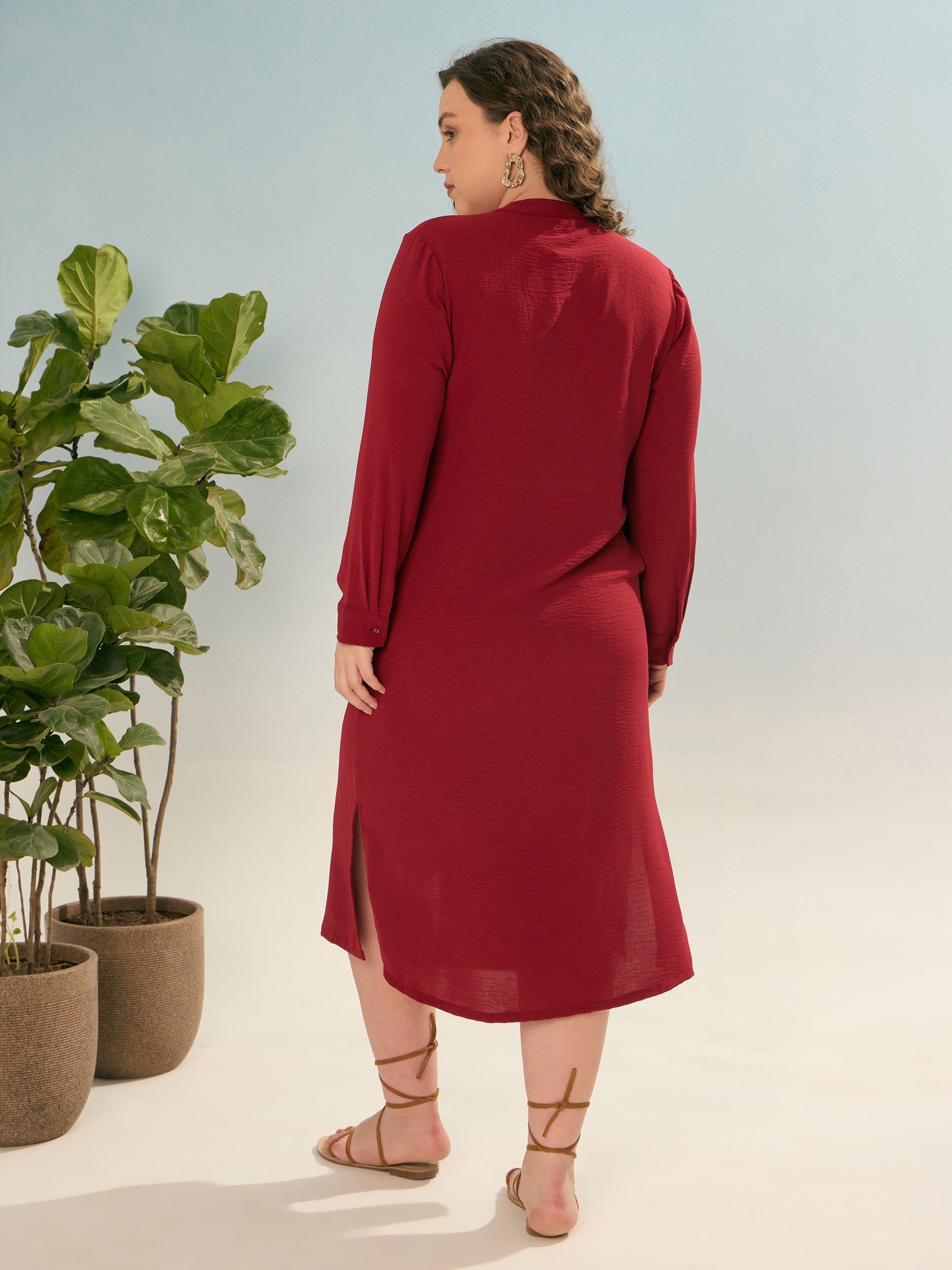 Women Maroon Front Button Midi Dress-SFDRSS12909