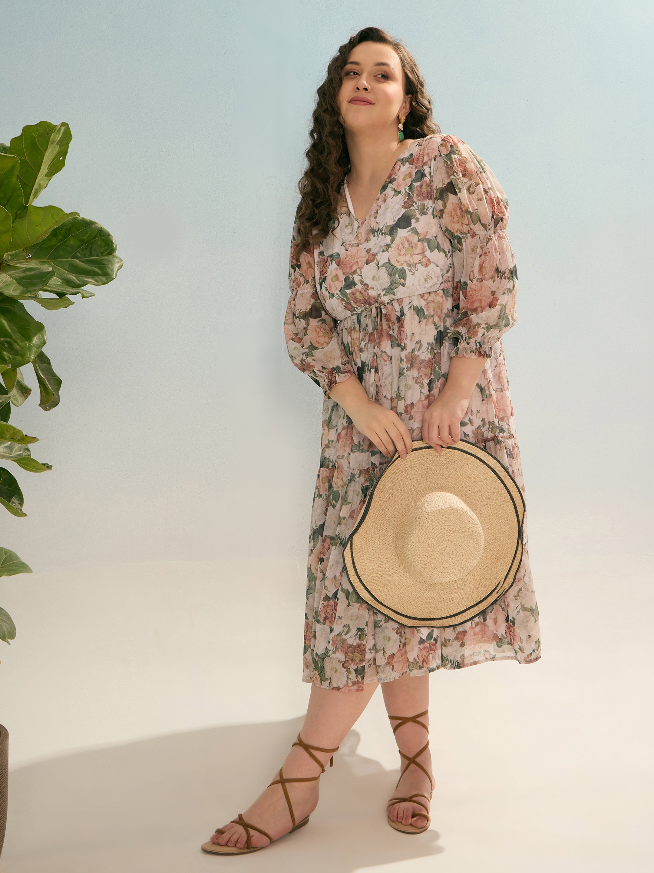 Women Off White Floral Tiered Midi Dress-SFDRSS12912