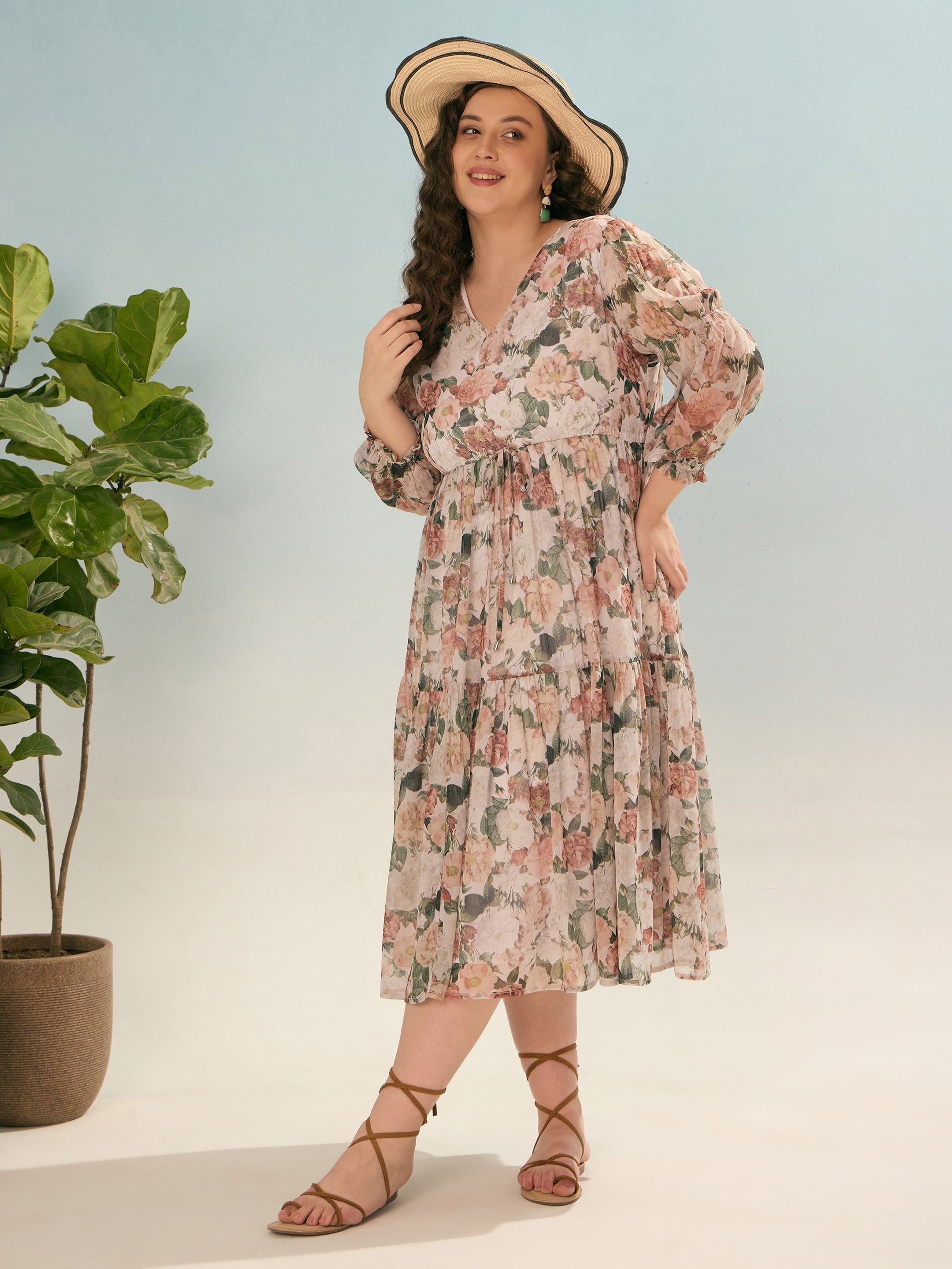 Women Off White Floral Tiered Midi Dress-SFDRSS12912