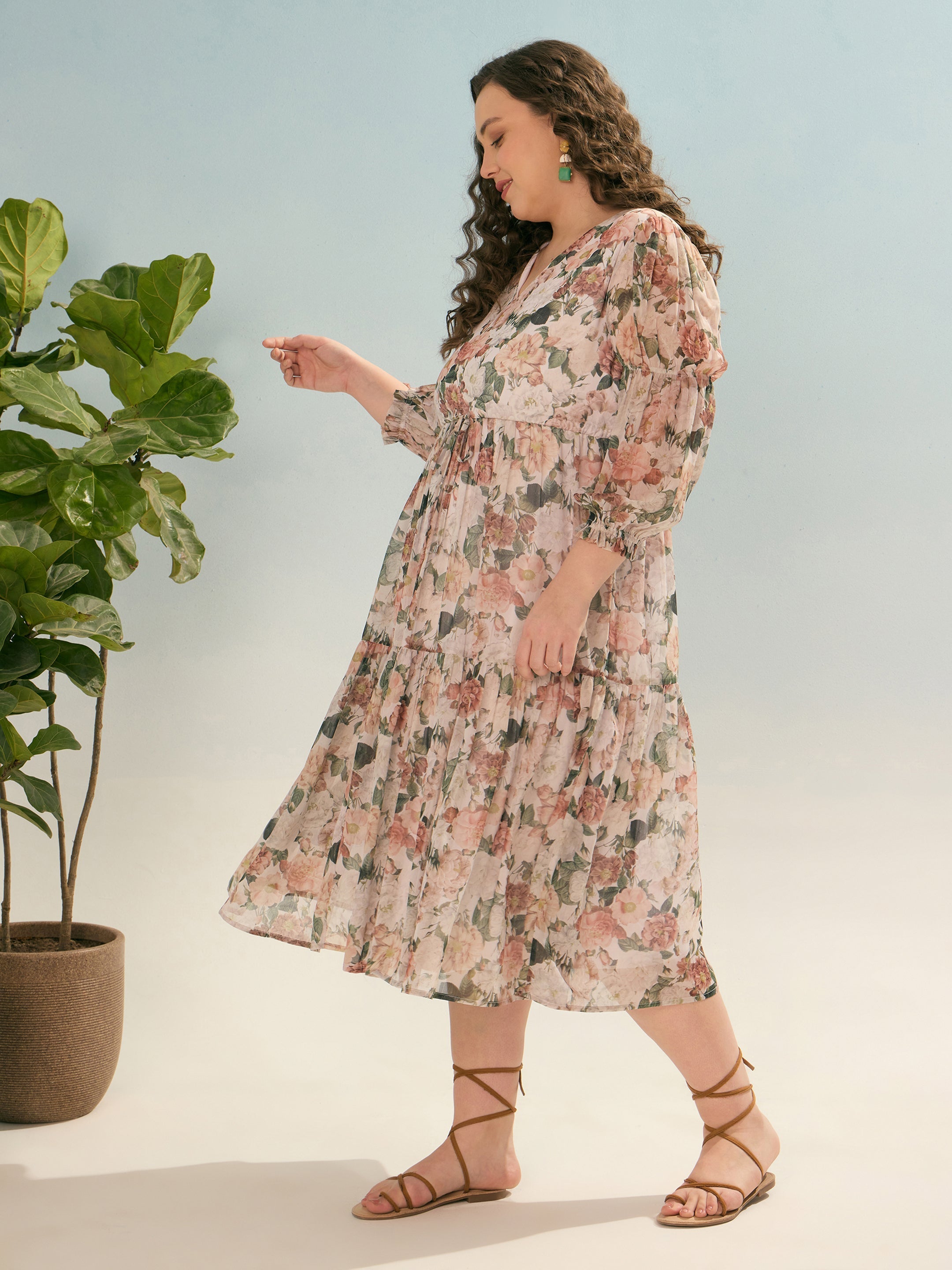 Women Off White Floral Tiered Midi Dress-SFDRSS12912