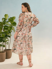 Women Off White Floral Tiered Midi Dress-SFDRSS12912