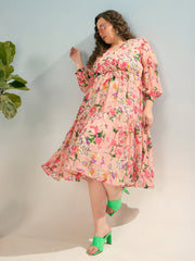 Women Pink Floral Tiered Midi Dress-SFDRSS12913