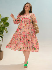 Women Pink Floral Tiered Midi Dress-SFDRSS12913