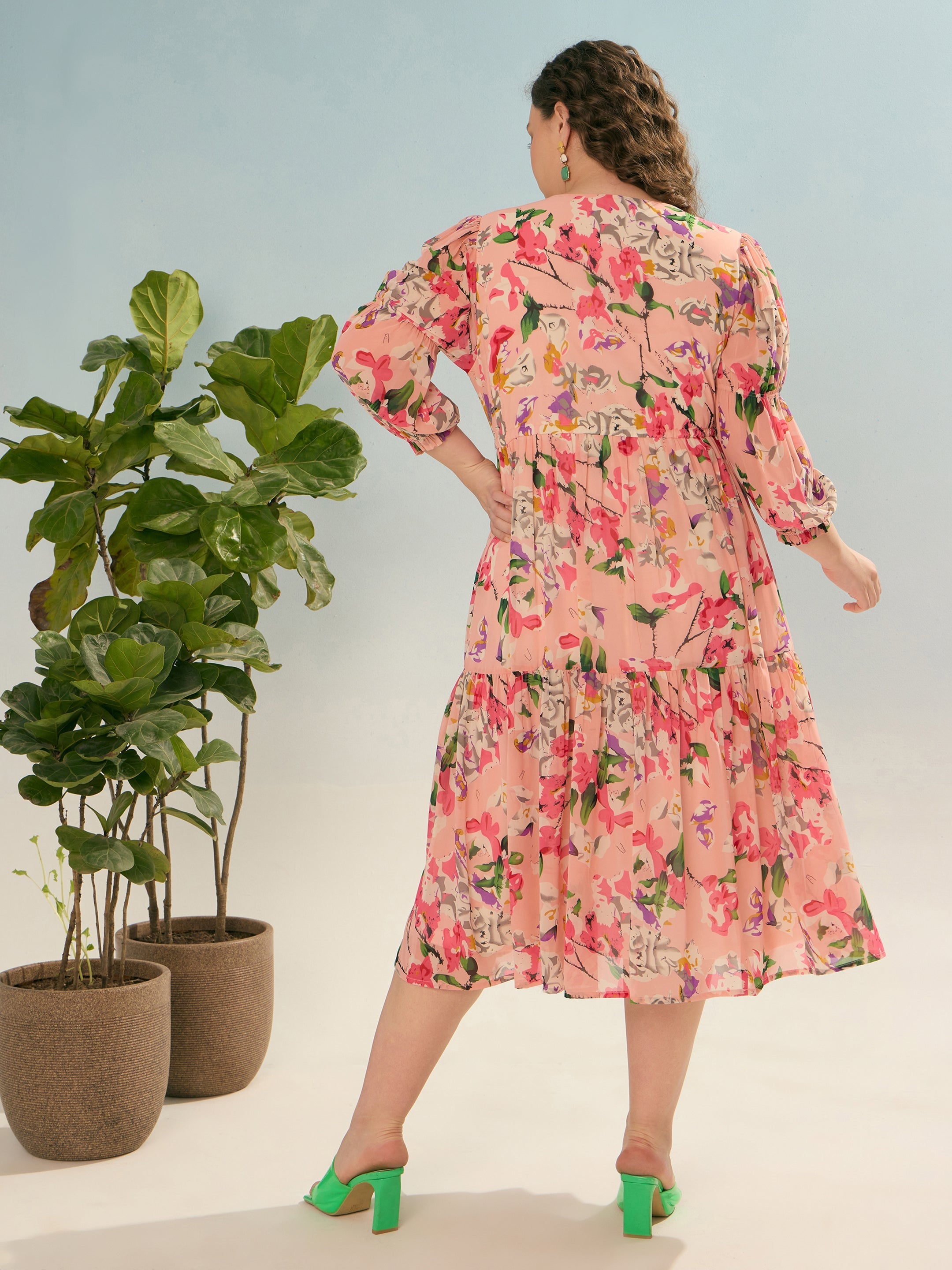 Women Pink Floral Tiered Midi Dress-SFDRSS12913