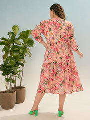Women Pink Floral Tiered Midi Dress-SFDRSS12913