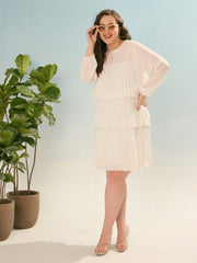 Women White Pleated Skater Tiered Dress-SFDRSS12915