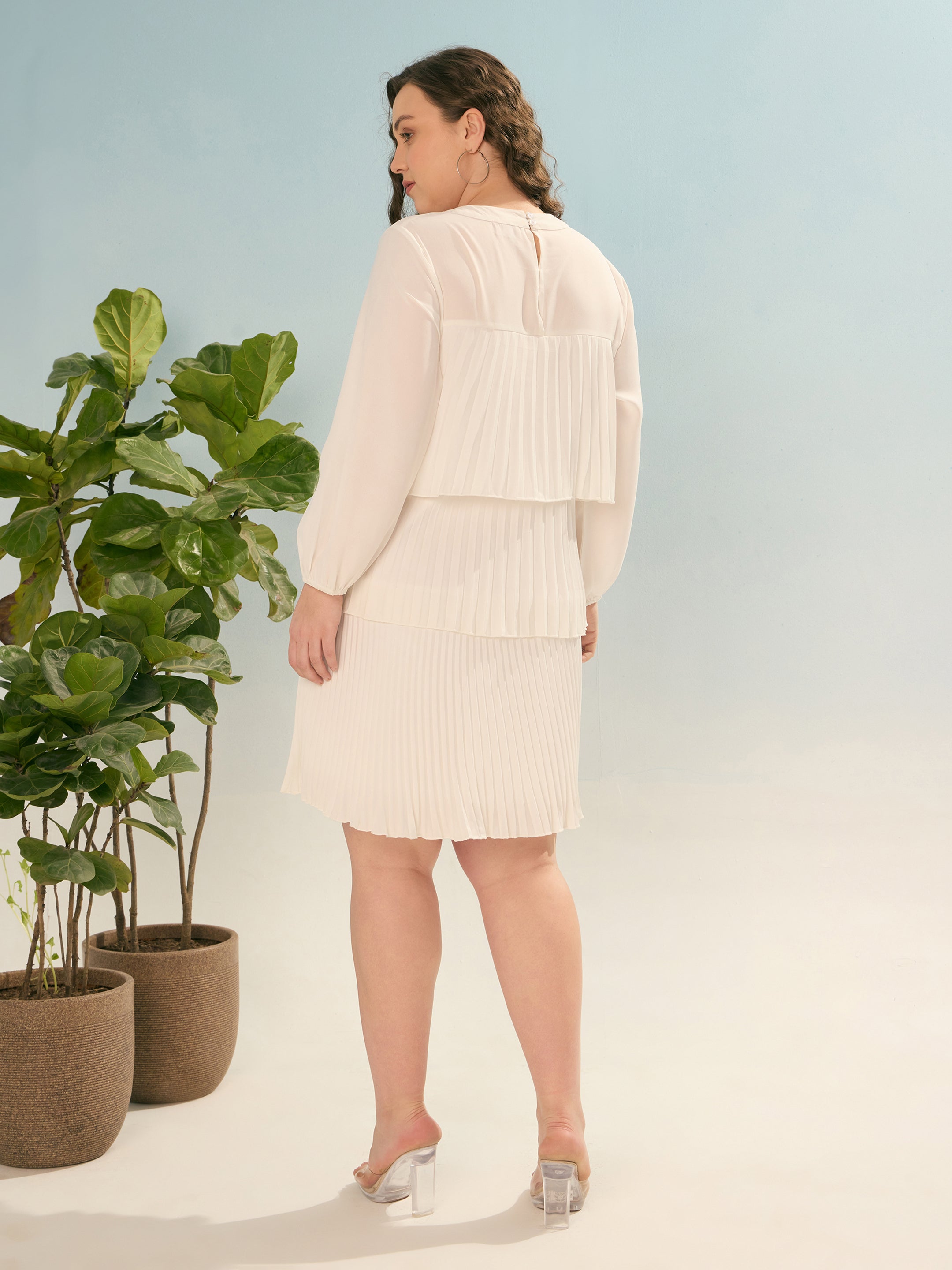 Women White Pleated Skater Tiered Dress-SFDRSS12915