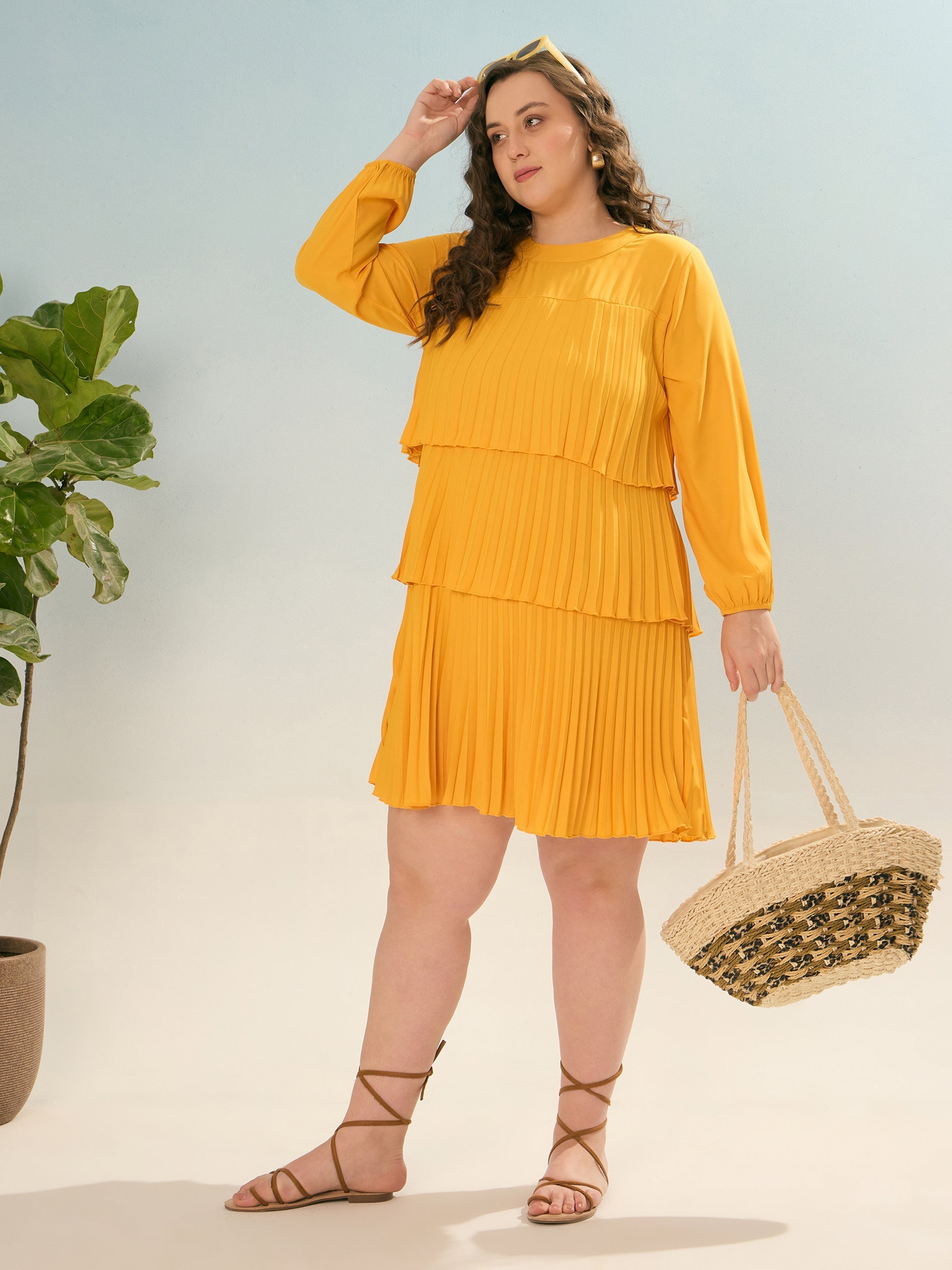 Women Mustard Pleated Skater Tiered Dress-SFDRSS12916