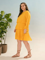 Women Mustard Pleated Skater Tiered Dress-SFDRSS12916