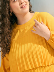 Women Mustard Pleated Skater Tiered Dress-SFDRSS12916
