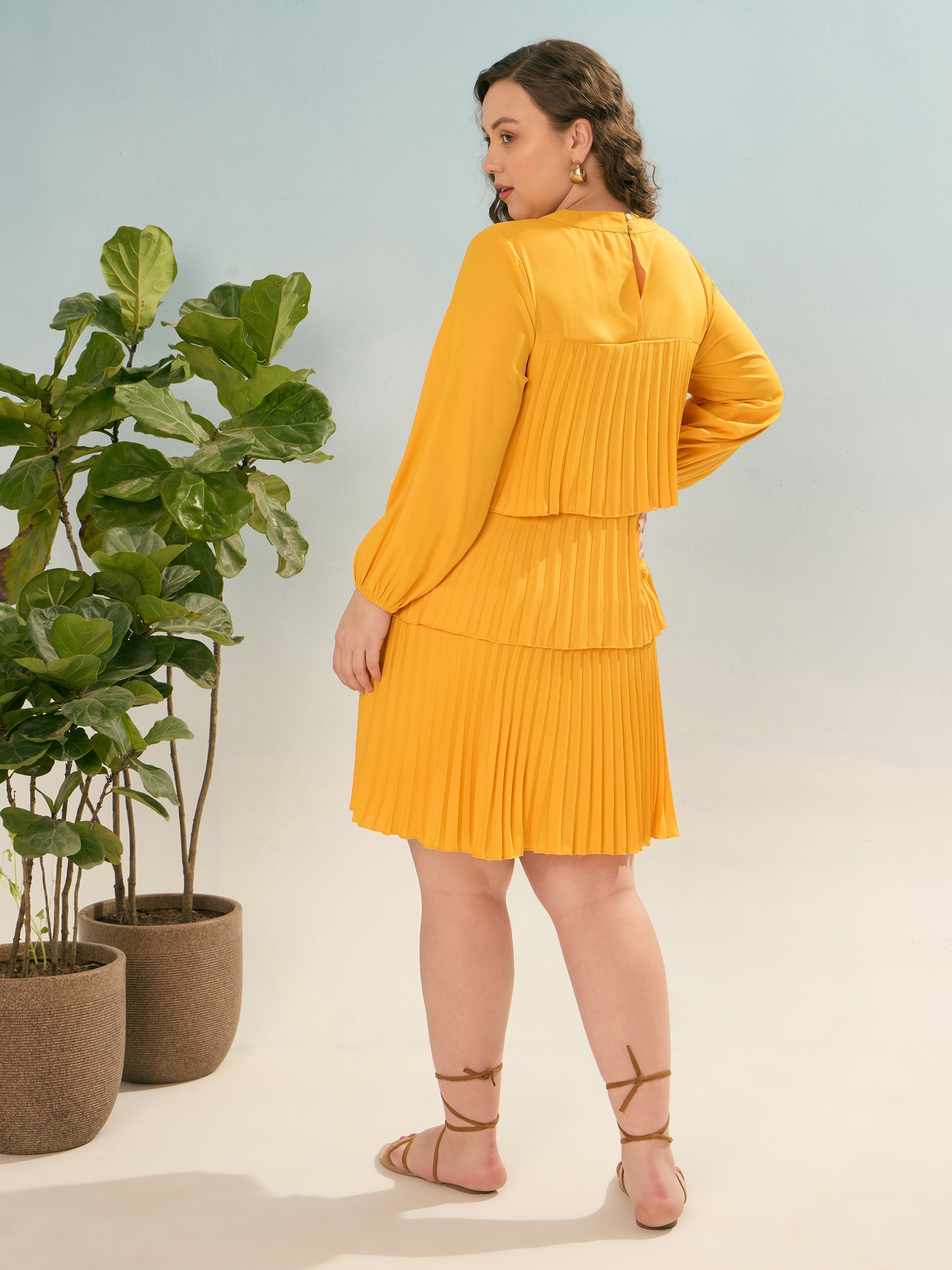 Women Mustard Pleated Skater Tiered Dress-SFDRSS12916