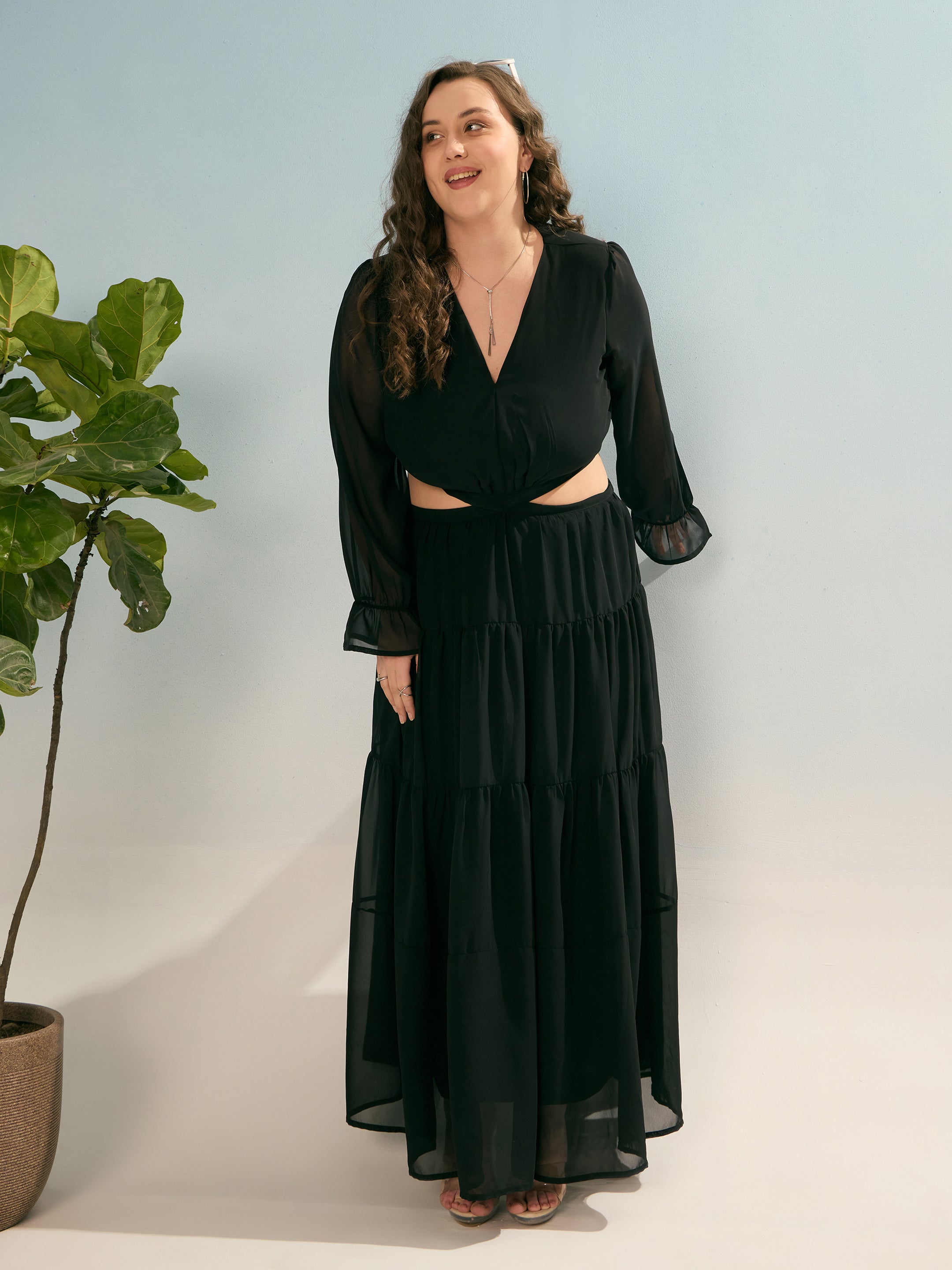Women Black Solid Waist Cut-Out Maxi Dress-SFDRSS12920