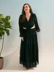 Women Black Solid Waist Cut-Out Maxi Dress-SFDRSS12920
