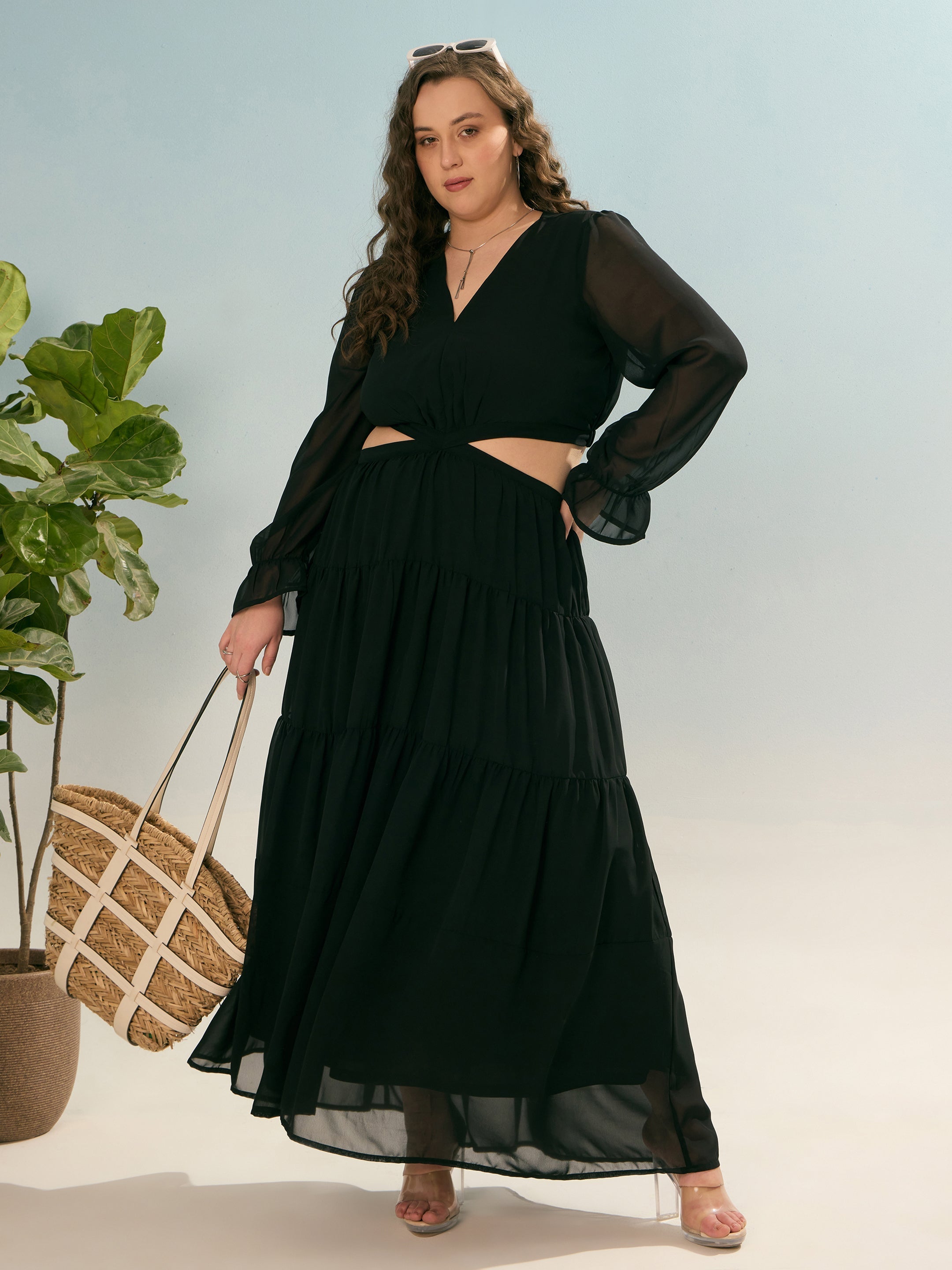 Women Black Solid Waist Cut-Out Maxi Dress-SFDRSS12920