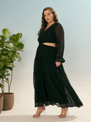 Women Black Solid Waist Cut-Out Maxi Dress-SFDRSS12920