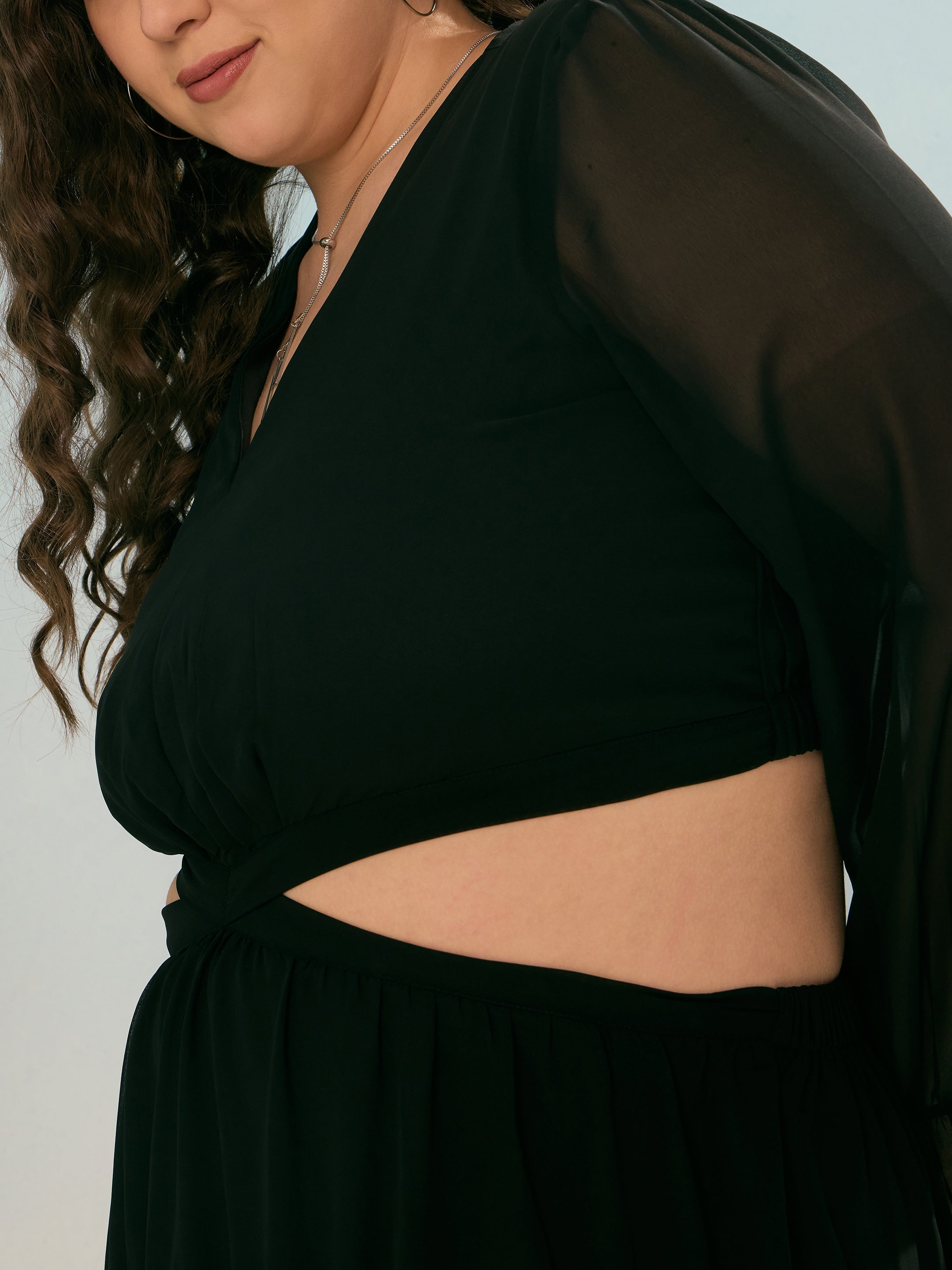 Women Black Solid Waist Cut-Out Maxi Dress-SFDRSS12920