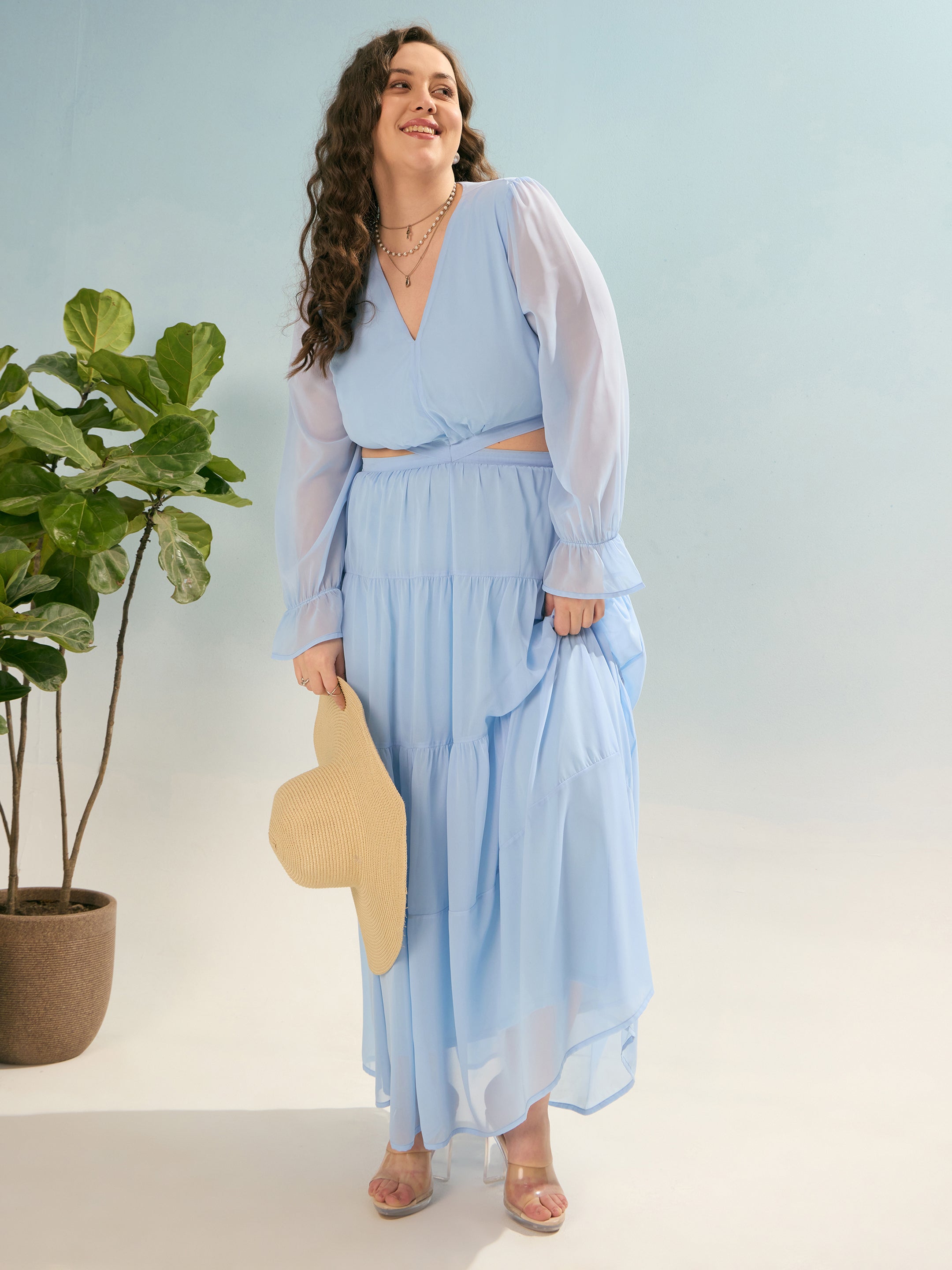 Women Sky Blue Solid Waist Cut-Out Maxi Dress-SFDRSS12921