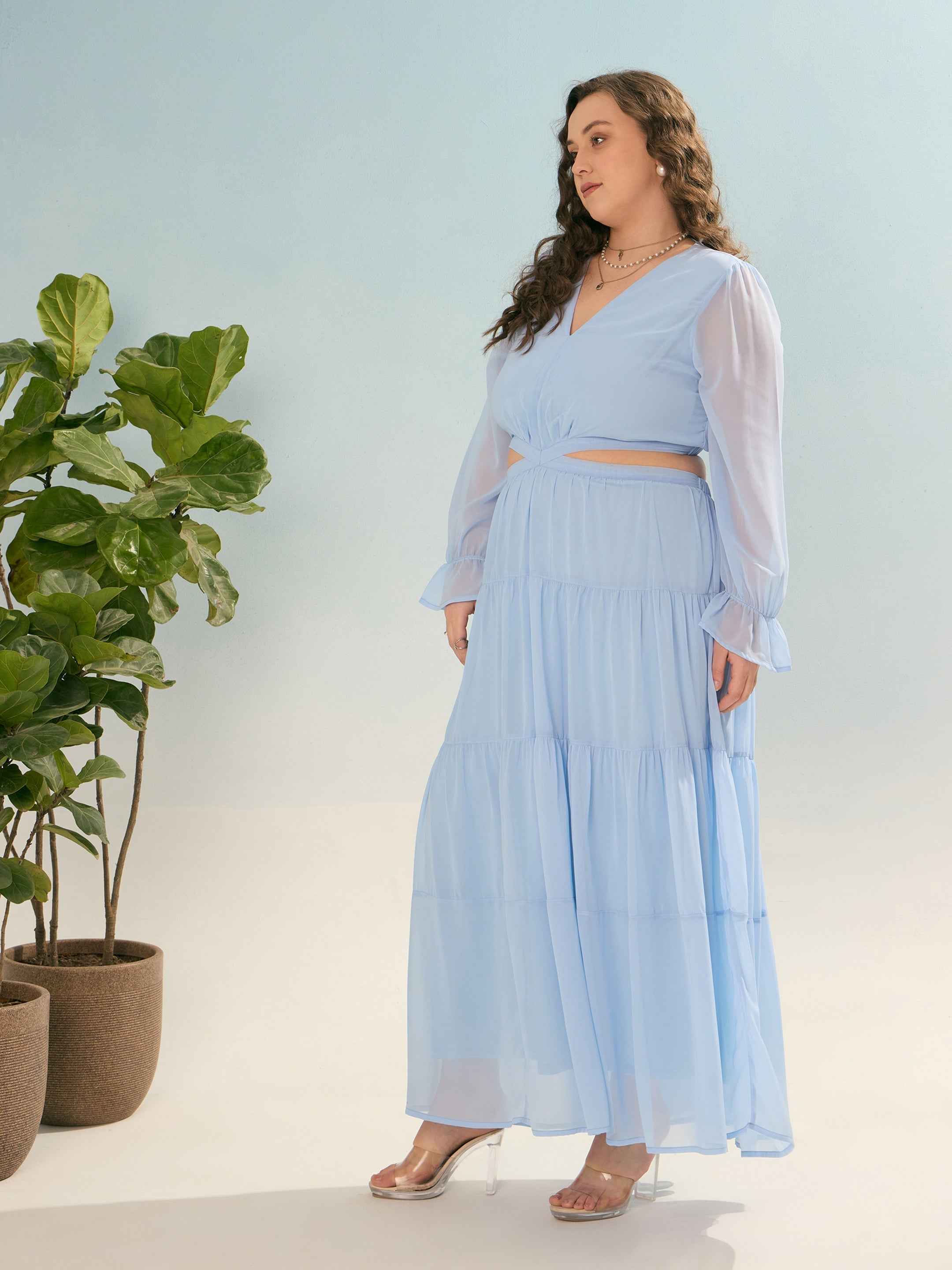 Women Sky Blue Solid Waist Cut-Out Maxi Dress-SFDRSS12921