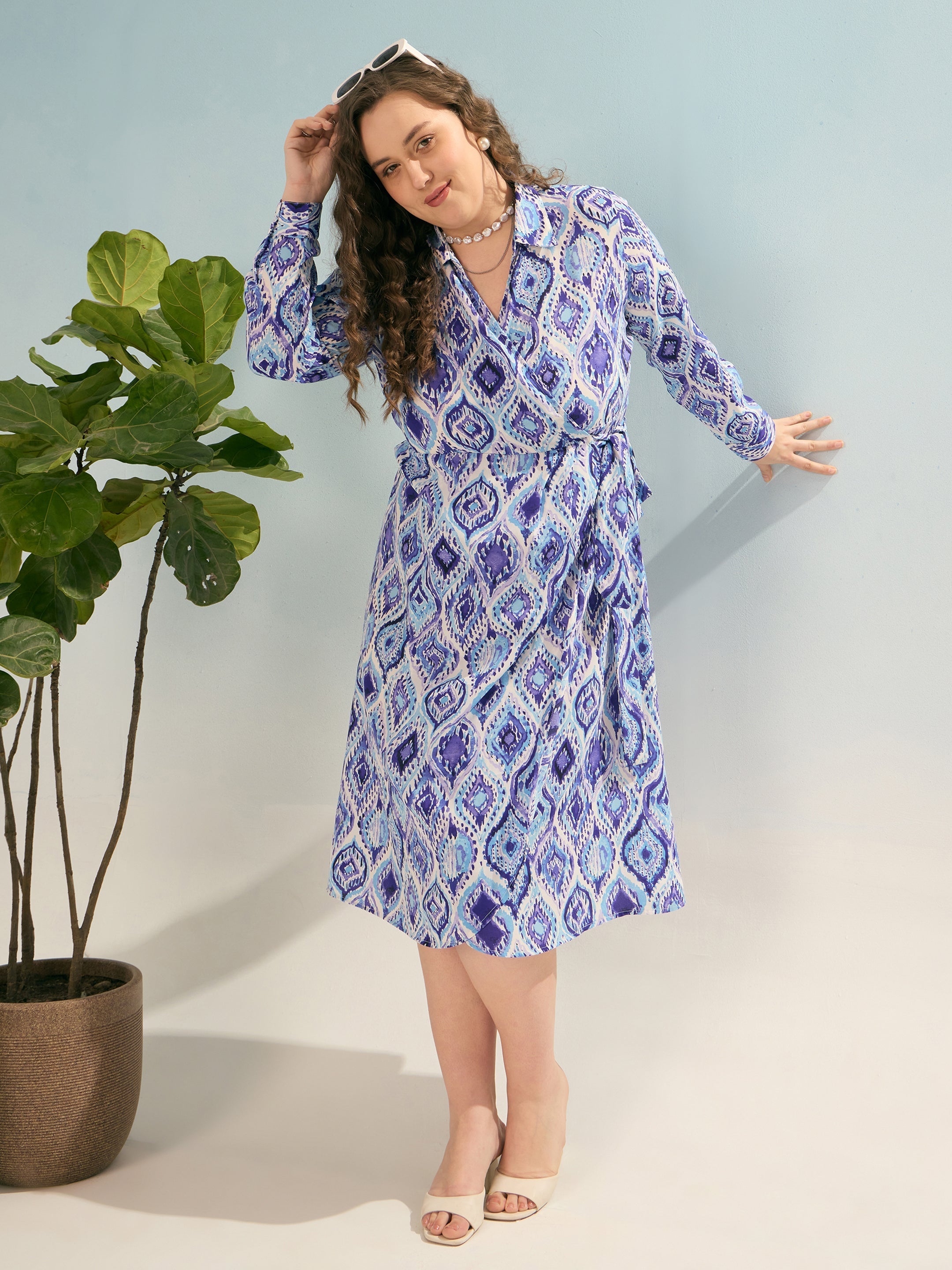 Women Blue Printed Wrap Midi Dress-SFDRSS12922
