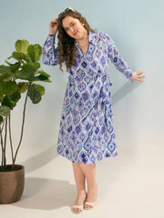 Women Blue Printed Wrap Midi Dress-SFDRSS12922