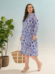 Women Blue Printed Wrap Midi Dress-SFDRSS12922
