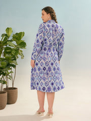 Women Blue Printed Wrap Midi Dress-SFDRSS12922