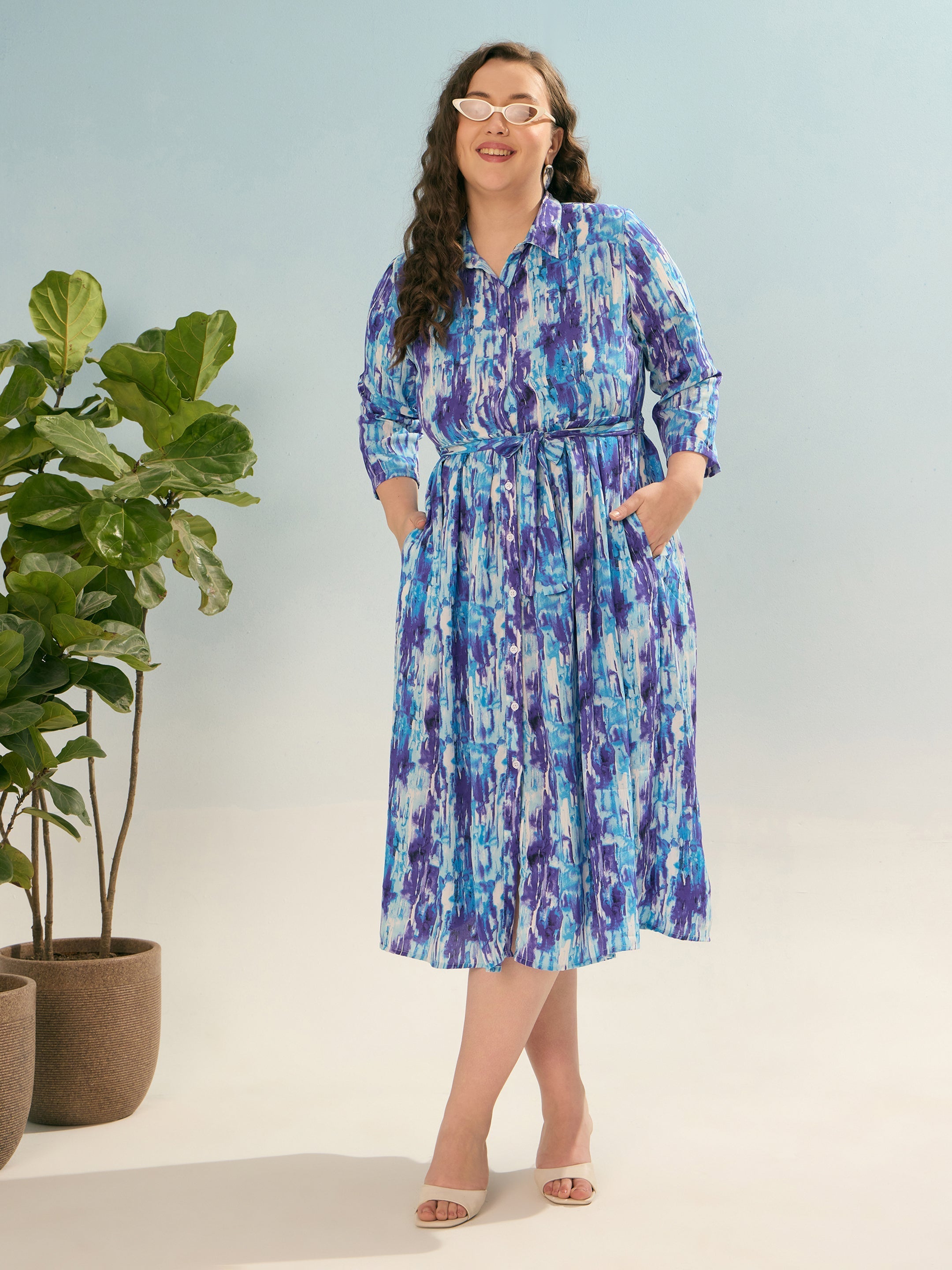 Women Blue Printed Belted Midi Shirt Dress-SFDRSS12923