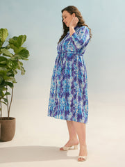 Women Blue Printed Belted Midi Shirt Dress-SFDRSS12923