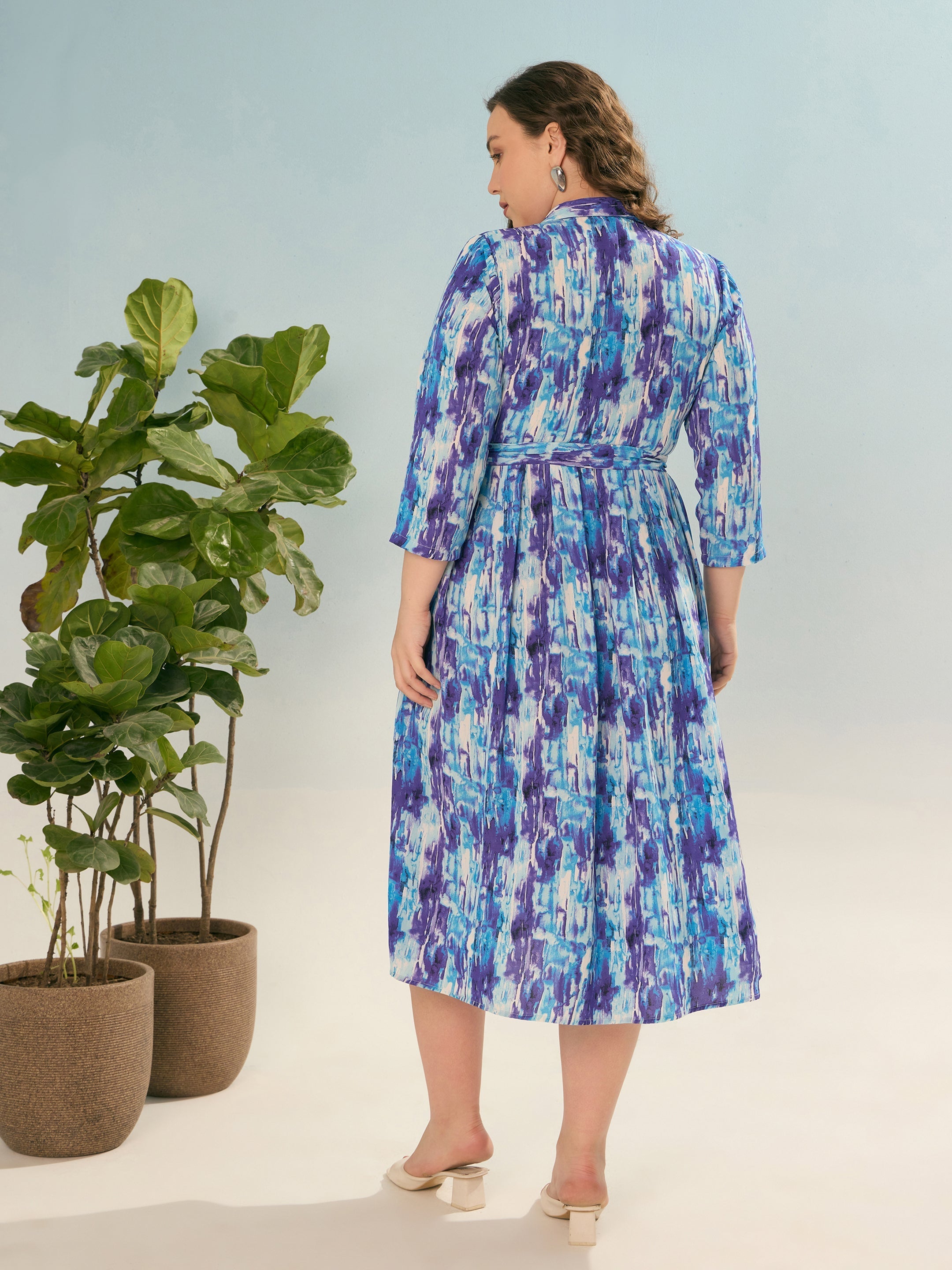 Women Blue Printed Belted Midi Shirt Dress-SFDRSS12923