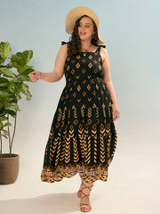 Women Black Geometric Tie Up Tiered Dress-SFDRSS12925