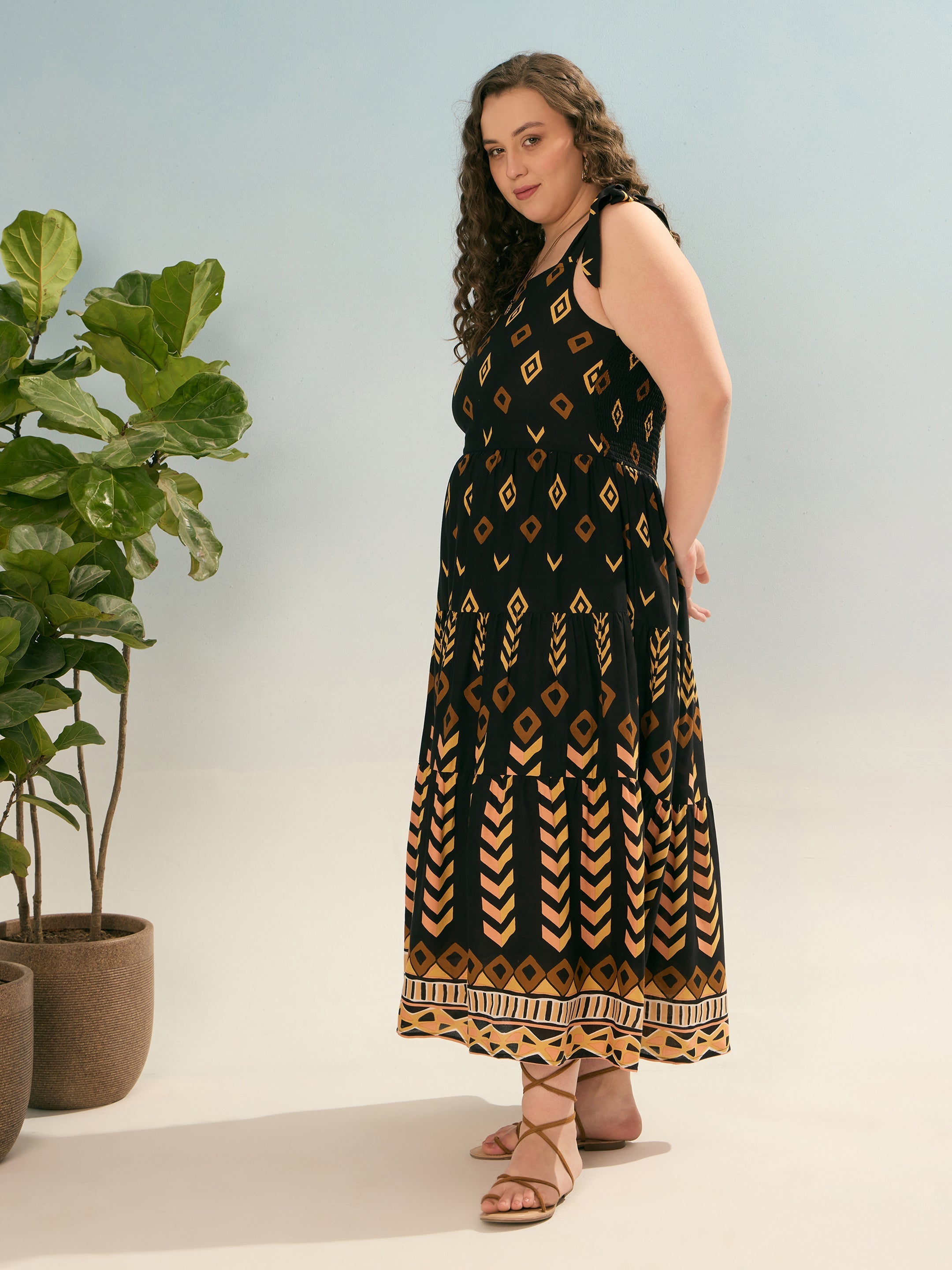 Women Black Geometric Tie Up Tiered Dress-SFDRSS12925