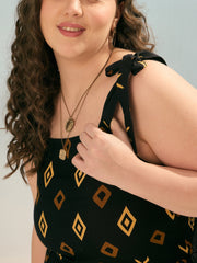 Women Black Geometric Tie Up Tiered Dress-SFDRSS12925