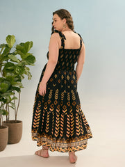 Women Black Geometric Tie Up Tiered Dress-SFDRSS12925