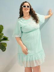 Women Sea Green Dobby Puff Sleeve Skater Dress-SFDRSS12931