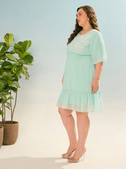 Women Sea Green Dobby Puff Sleeve Skater Dress-SFDRSS12931