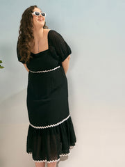 Women Black Dobby Back Smocking Midi Dress-SFDRSS12932