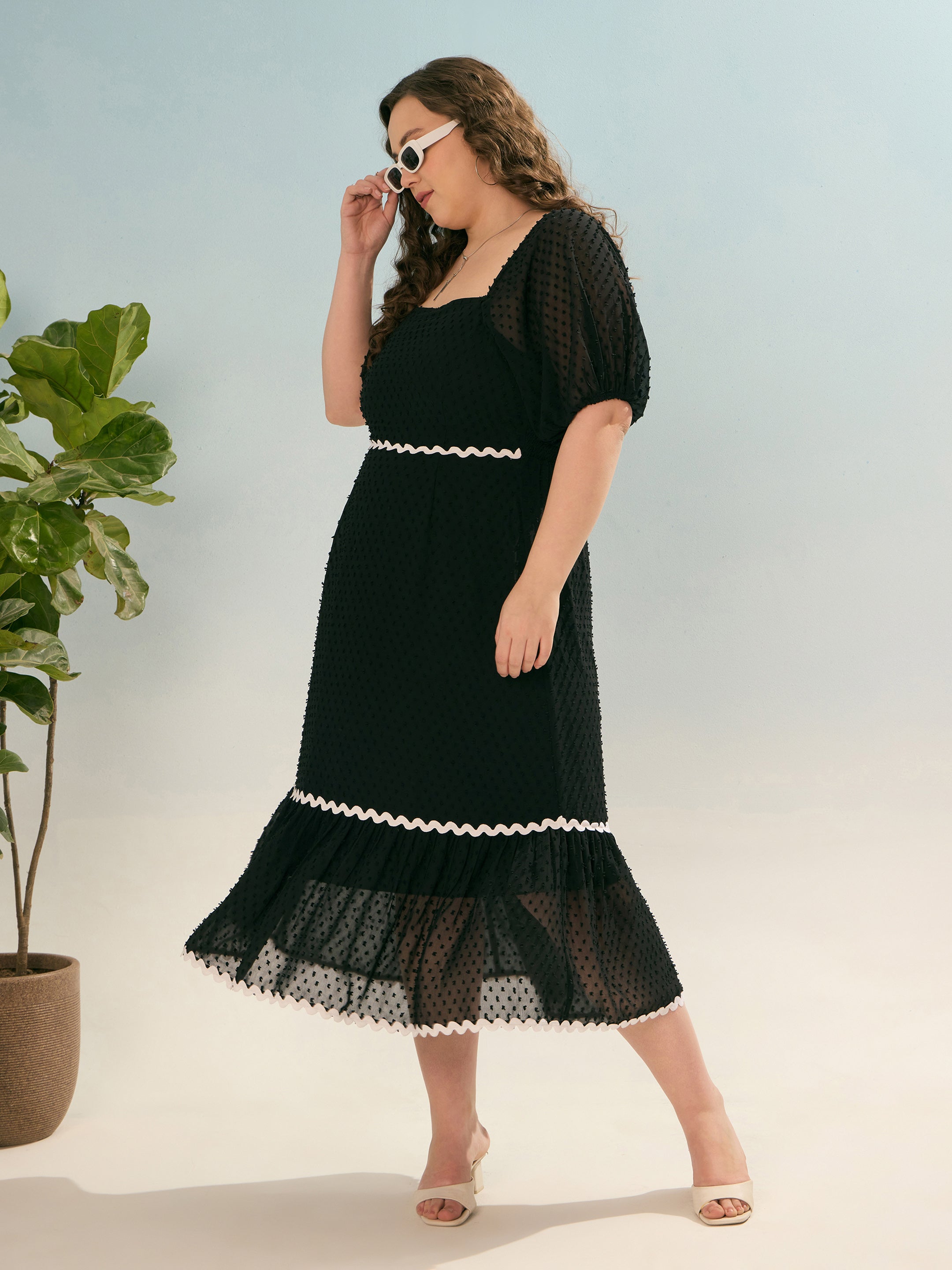 Women Black Dobby Back Smocking Midi Dress-SFDRSS12932